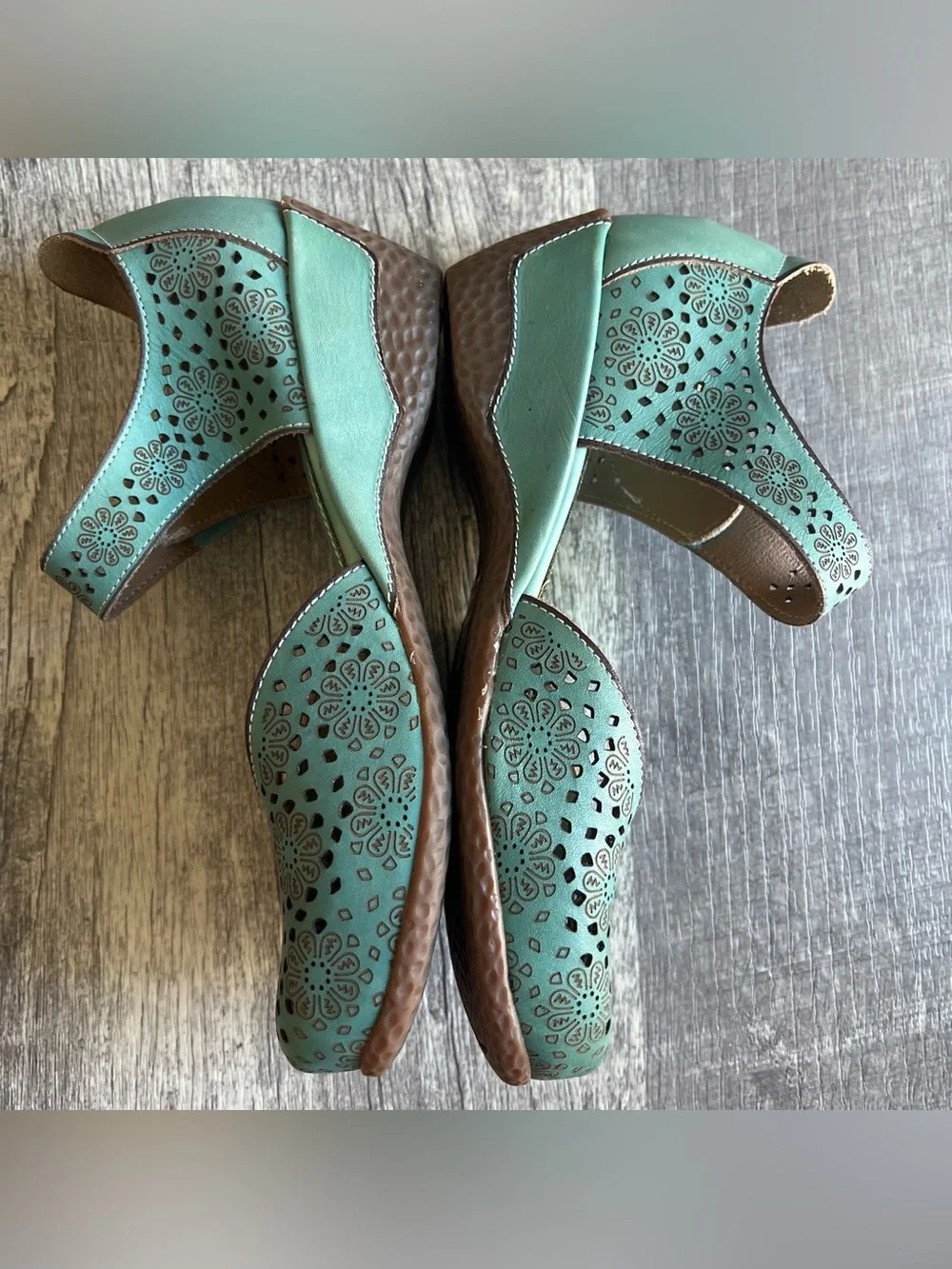 L'ATISTE Teal Perforated Leather Mary Jane Wedges